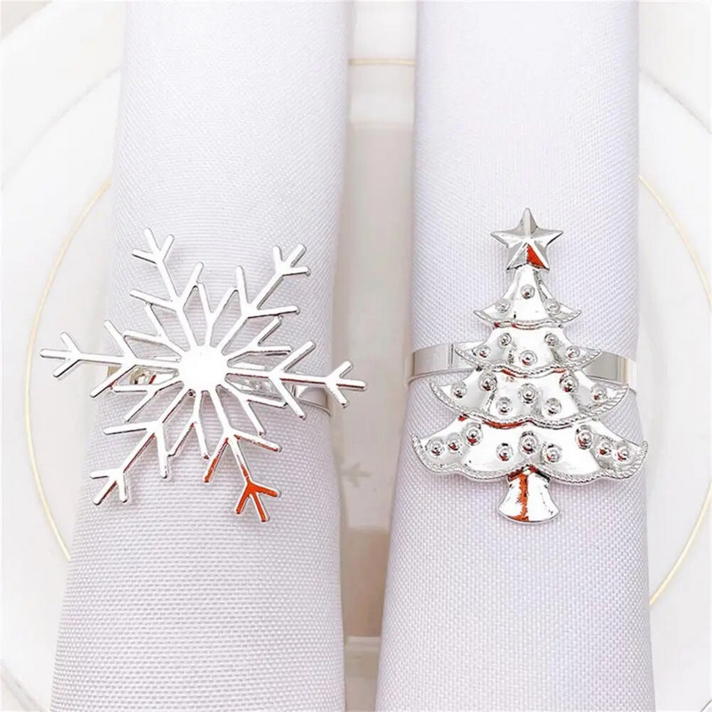 6Gb Ziemassvētku salvešu gredzeni Pretrūsas izsmalcināta sakausējuma sudraba krāsa Snowflake Ziemassvētku salvešu gredzenu turētājs ballītei