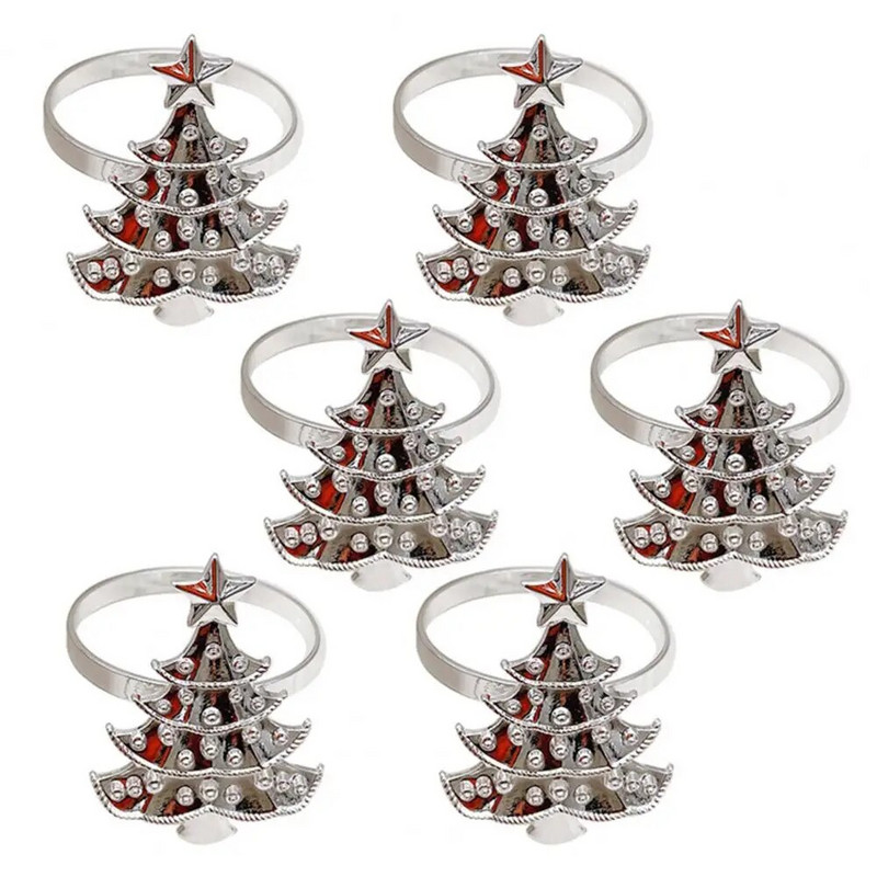6Gb Ziemassvētku salvešu gredzeni Pretrūsas izsmalcināta sakausējuma sudraba krāsa Snowflake Ziemassvētku salvešu gredzenu turētājs ballītei