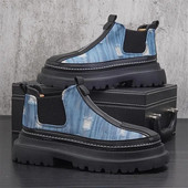 2024. gada rudens vīriešu īsi zābaki, platformas augstums, augošs krāsains audekls vīriešu apavi Dizaineris, apaļš purngals, plakani īsi zābaki vīriešiem