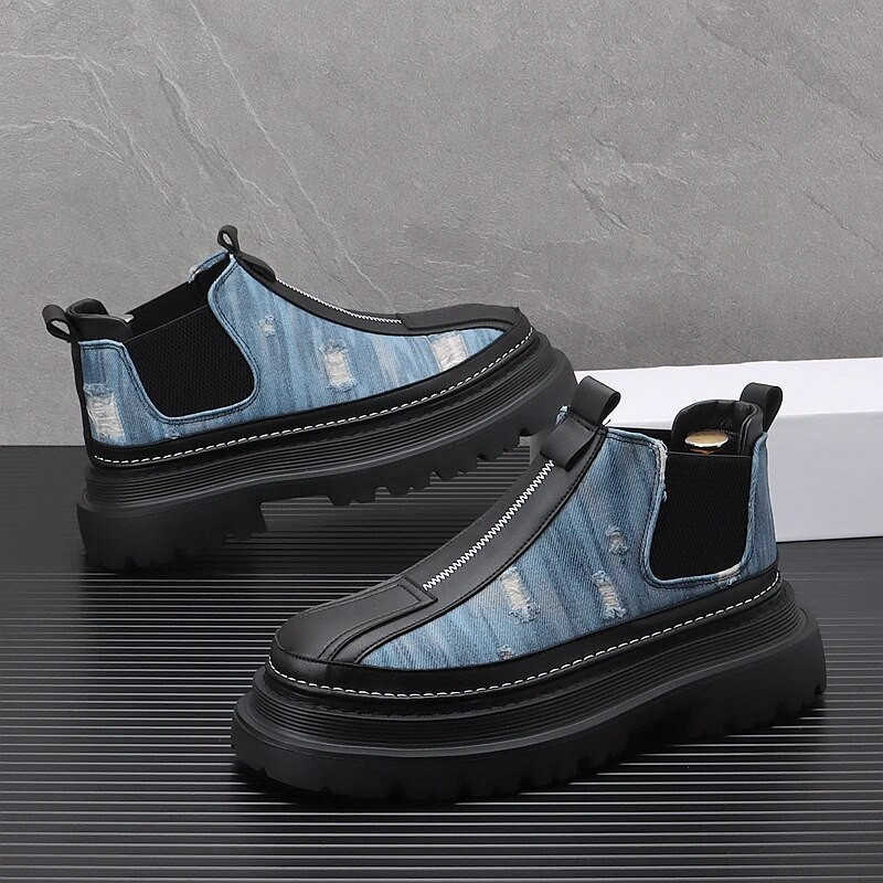 2024. gada rudens vīriešu īsi zābaki, platformas augstums, augošs krāsains audekls vīriešu apavi Dizaineris, apaļš purngals, plakani īsi zābaki vīriešiem