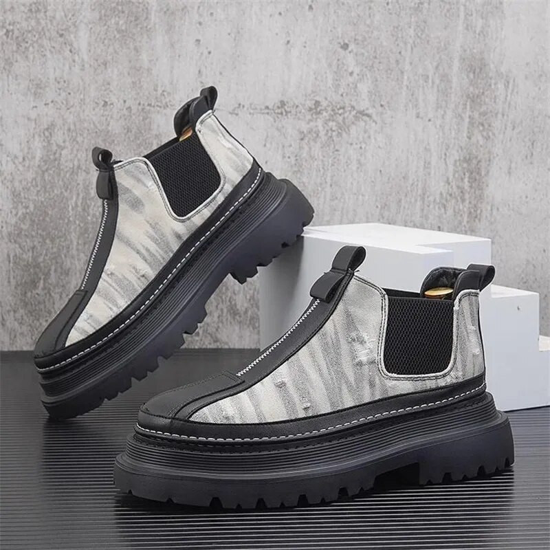 2024. gada rudens vīriešu īsi zābaki, platformas augstums, augošs krāsains audekls vīriešu apavi Dizaineris, apaļš purngals, plakani īsi zābaki vīriešiem