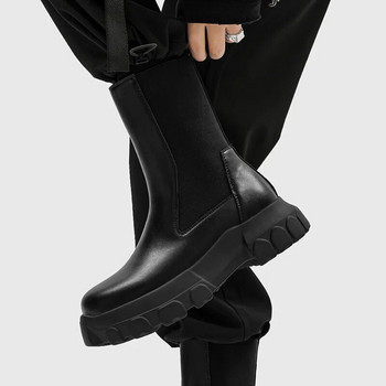 New Men Mid Calf Platform Μπότες Chelsea Fashion Σπλιτ Δερμάτινες Μπότες Μοτοσικλέτας Χοντρό Πάτο Ανδρικά Streetwear Botas Hombre