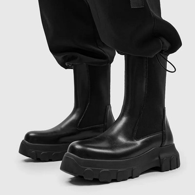 Jauni Vīriešu zābaki starp ikriem, Chelsea zābaki, modes šķeltas ādas motocikla zābaki ar biezu apakšu, vīriešu ielas apģērbi Botas Hombre