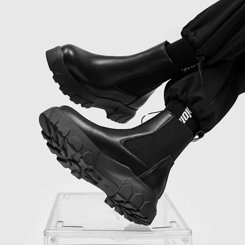 Vintage alkalmi, vastag platformú motoros csizma férfi cipzár Chelsea csizma Jóképű utcai viselet férfi bokacsizma