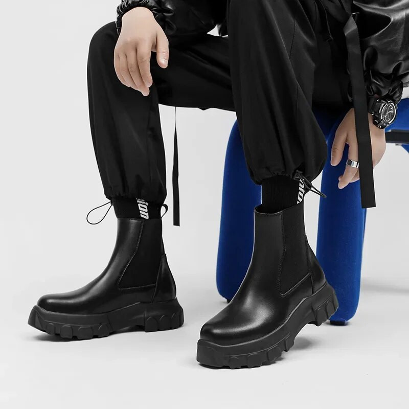 Vintage alkalmi, vastag platformú motoros csizma férfi cipzár Chelsea csizma Jóképű utcai viselet férfi bokacsizma