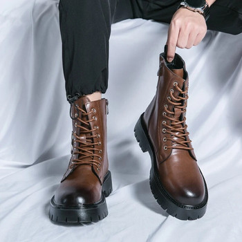 Мъжки ботуши от кожа Дишащи високи обувки Ежедневни мъжки зимни обувки за бизнес срещи Официално парти Обувки с кръгли пръсти
