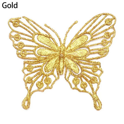 5gab Ziemassvētku tauriņi Ziemassvētku eglīšu rotājumi, viena slāņa zelta pulveris, mirdzošs mākslīgais zieds, DIY, Ziemassvētku dekors