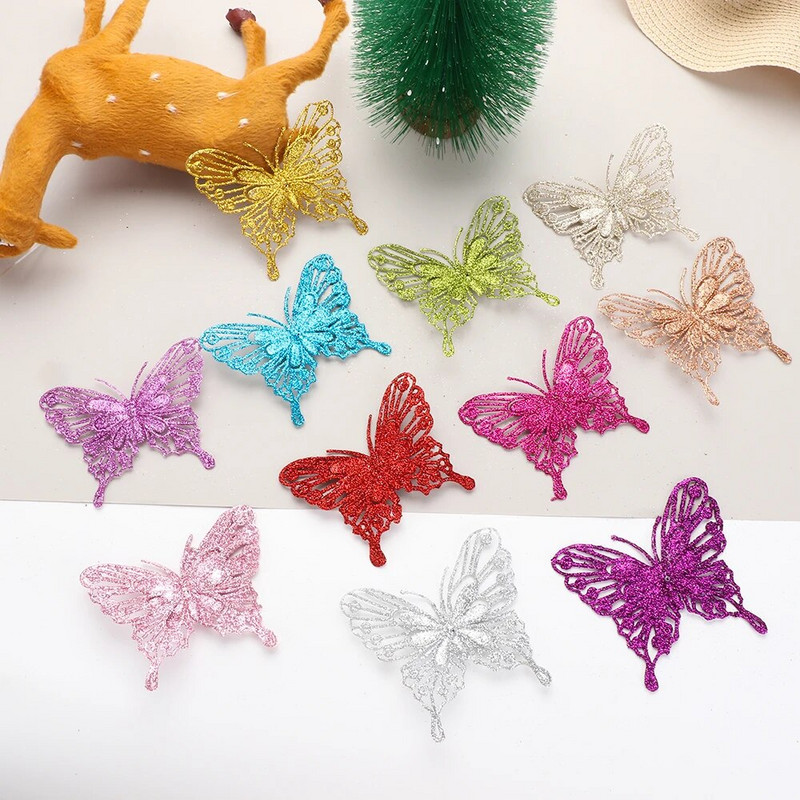 5gab Ziemassvētku tauriņi Ziemassvētku eglīšu rotājumi, viena slāņa zelta pulveris, mirdzošs mākslīgais zieds, DIY, Ziemassvētku dekors