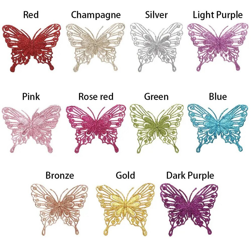 5gab Ziemassvētku tauriņi Ziemassvētku eglīšu rotājumi, viena slāņa zelta pulveris, mirdzošs mākslīgais zieds, DIY, Ziemassvētku dekors