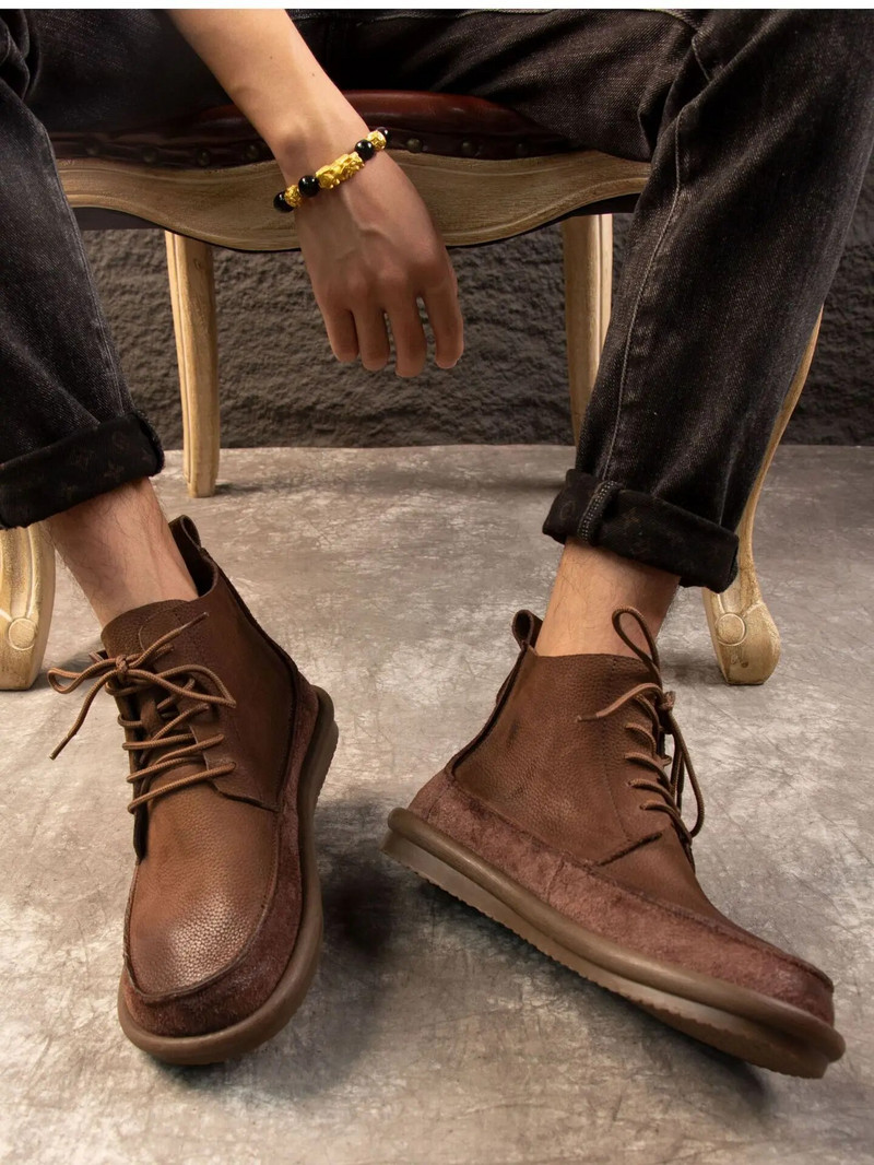 A173 Νέα δερμάτινα αγελάδα Παπούτσια αστραγάλου Δερμάτινα παπούτσια Μόδα Vintage Μπότες Άνεση Ανδρικά παπούτσια Lace Up Ανδρικά κοντά Μπότες για αγόρια ελεύθερου χρόνου