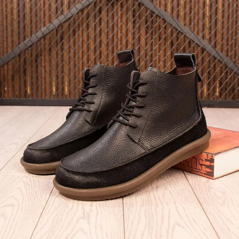 A173 Νέα δερμάτινα αγελάδα Παπούτσια αστραγάλου Δερμάτινα παπούτσια Μόδα Vintage Μπότες Άνεση Ανδρικά παπούτσια Lace Up Ανδρικά κοντά Μπότες για αγόρια ελεύθερου χρόνου