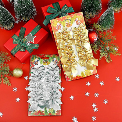 Ziemassvētku rotājumi Flocked Mini zelta un sudraba Ziemassvētku bantīte Ziemassvētku eglīšu vainaga kulons 24gab