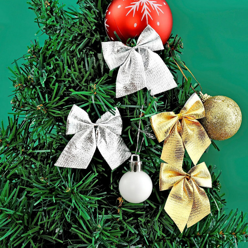 Ziemassvētku rotājumi Flocked Mini zelta un sudraba Ziemassvētku bantīte Ziemassvētku eglīšu vainaga kulons 24gab