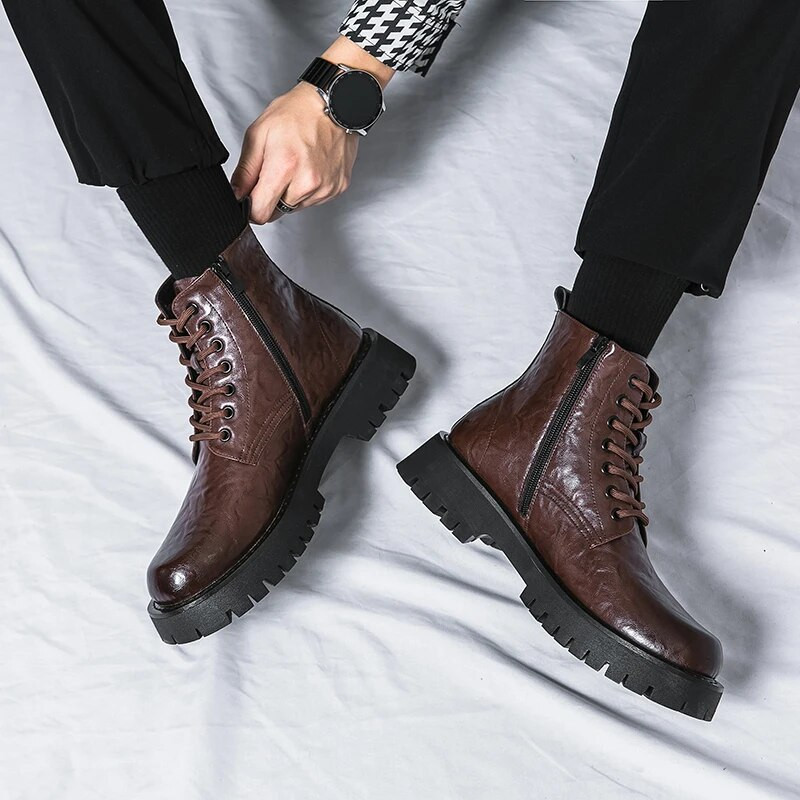 Мъжки модни тенденции Бизнес ботуши от кожа Ботуши с дебели подметки с кръгли пръсти Маратонки за разходка Ежедневно пътуване до работното място Ежедневни ботуши