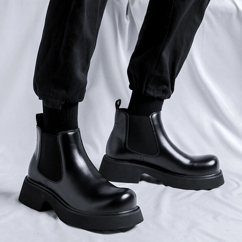 Φθινοπωρινές μπότες για άντρες Πλατφόρμα Chelsea Μπότες Ανοιξιάτικες σπαστές δερμάτινες μπότες αστραγάλου Fashin Ανδρικές μαύρες μπότες με παχύ κάτω μέρος σε αγγλικό στυλ