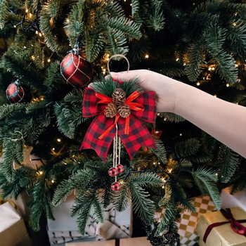 2бр. Коледна панделка Борови шишарки Червени черни карирани искрящи блестящи лъкове Коледна елха Украса Подаръчни лъкове