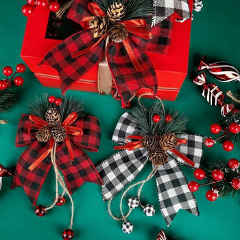 2 τμχ Χριστουγεννιάτικη κορδέλα Φιόγκος κουκουνάρια Κόκκινο μαύρο καρό αστραφτερό γκλίτερ φιόγκο Δώρο διακόσμηση Χριστουγεννιάτικου δέντρου Φιόγκοι