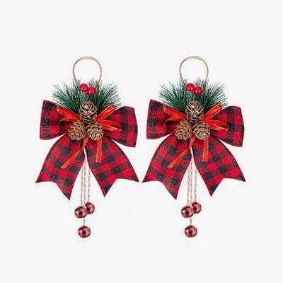2gab Ziemassvētku lentes bantītes priežu čiekuri sarkani melni rūtaini dzirkstoši mirdzoši bantiņi Ziemassvētku eglīšu rotājuma dāvanu banti