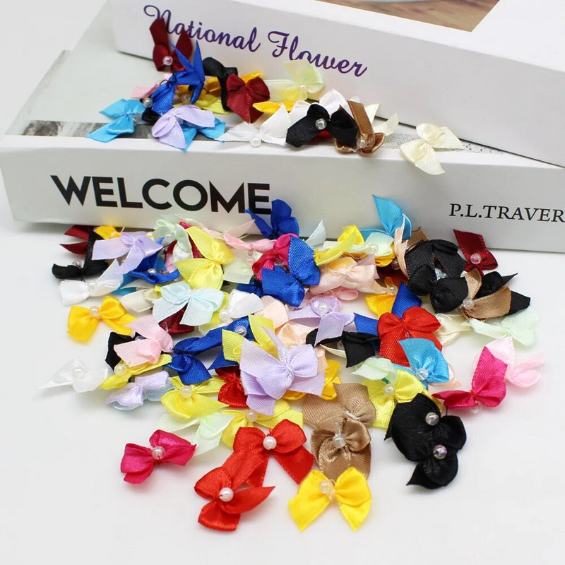 50/100gab. Jauktas krāsas rubāna Satīna Lentes bantes 25mm Rokas bantītes Mazas bantes amatniecībai Ziemassvētki Scrapbooking Šūšanas aksesuāri