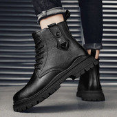 Ανδρικές μπότες με στρογγυλά δάχτυλα Winter Designer British Casual Leather Boot Fashion High Top Lace-Up Μαύρες μπότες πλατφόρμας