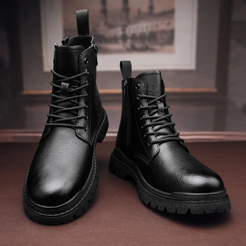  Ανδρικές μπότες με στρογγυλά δάχτυλα Winter Designer British Casual Leather Boot Fashion High Top Lace-Up Μαύρες μπότες πλατφόρμας