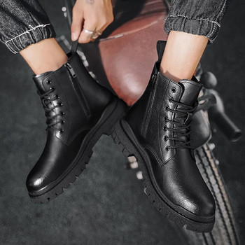  Ανδρικές μπότες με στρογγυλά δάχτυλα Winter Designer British Casual Leather Boot Fashion High Top Lace-Up Μαύρες μπότες πλατφόρμας