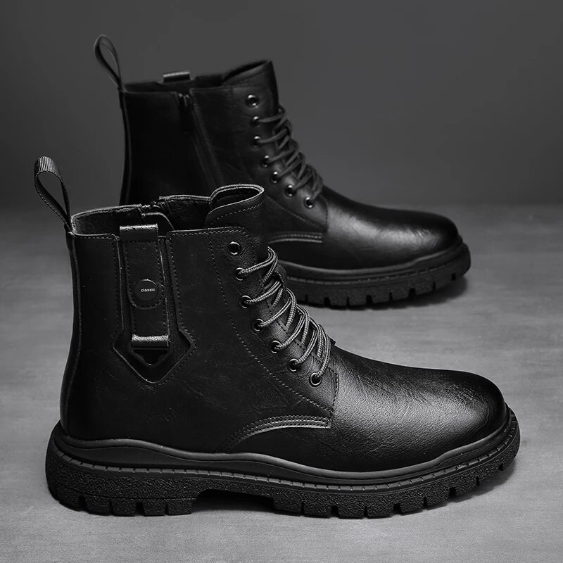 ādas vīriešu zābaki ar apaļu purngalu Ziemas dizaineru britu ikdienas ādas zābaki Modes ar augstu augšdaļu šņorējami melni platformas zābaki