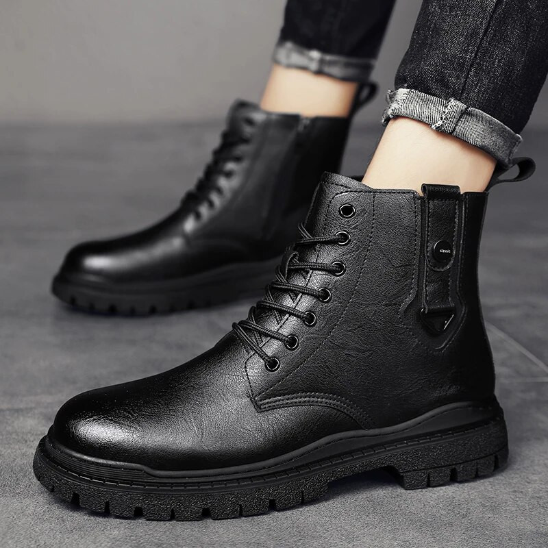 ādas vīriešu zābaki ar apaļu purngalu Ziemas dizaineru britu ikdienas ādas zābaki Modes ar augstu augšdaļu šņorējami melni platformas zābaki