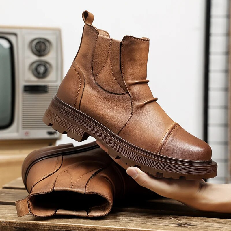 Ανδρικές επίσημες δερμάτινες μπότες Χειμερινά υπαίθρια casual παπούτσια Πλατφόρμας Μπότες αστράγαλο Πολυτελής μπότα μοτοσυκλέτας Chelsea Boots