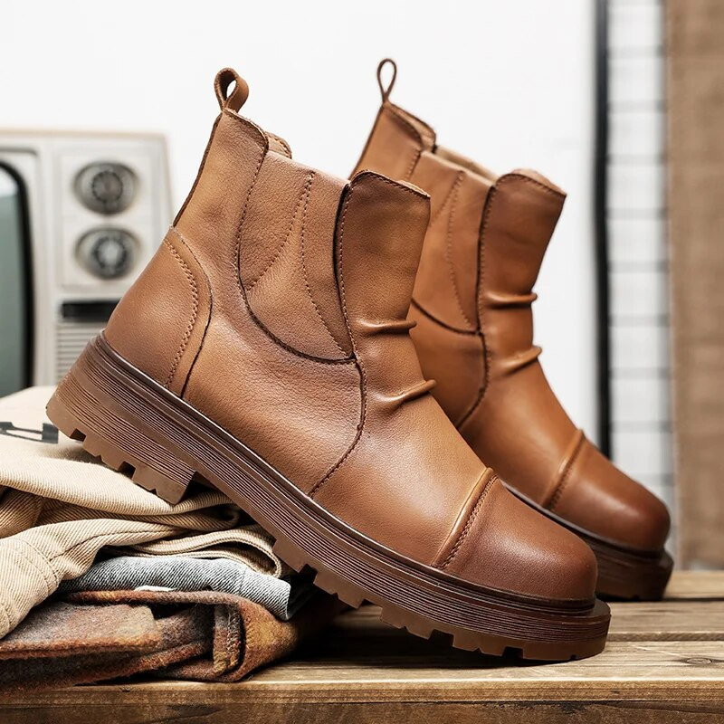 Ανδρικές επίσημες δερμάτινες μπότες Χειμερινά υπαίθρια casual παπούτσια Πλατφόρμας Μπότες αστράγαλο Πολυτελής μπότα μοτοσυκλέτας Chelsea Boots