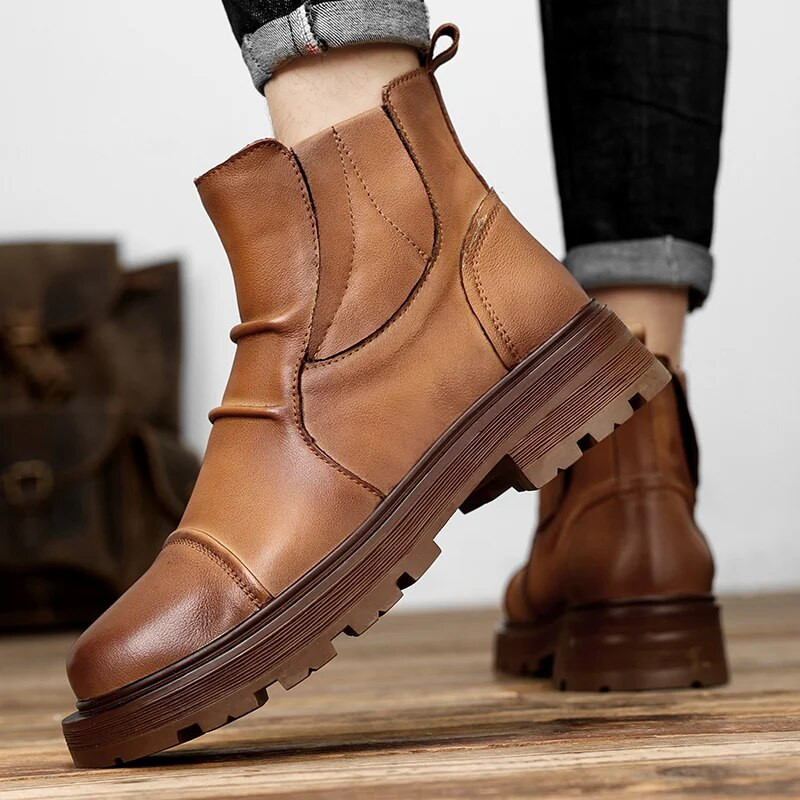 Ανδρικές επίσημες δερμάτινες μπότες Χειμερινά υπαίθρια casual παπούτσια Πλατφόρμας Μπότες αστράγαλο Πολυτελής μπότα μοτοσυκλέτας Chelsea Boots