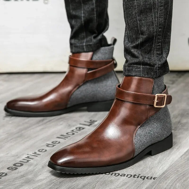 Ziemas motocikla zābaki Eleganti Chelsea zābaki Ādas vīriešu pievelkamie zābaki Svinīgi zābaki Modelis Modes šovs MAN BOOT