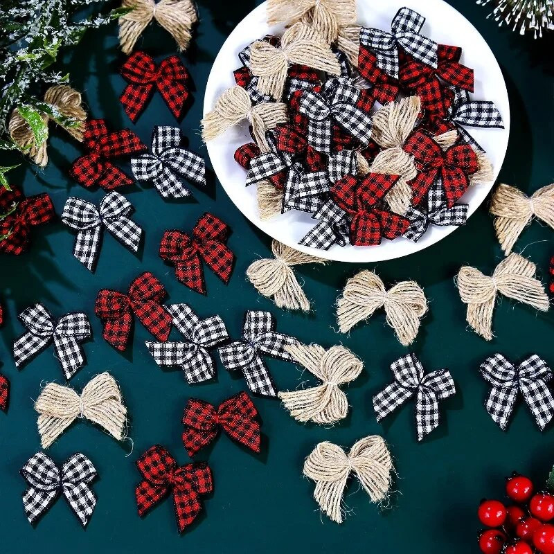 30gab. Ziemassvētku mini rūtaini bantītes Audekla bantes Ziemassvētku bifeļu rūtaini bantītes Gingham lentes bantes Rotājums Ziemassvētku eglītes mājas dekorēšanai