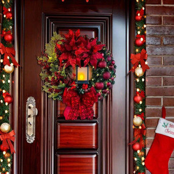 30 см Коледен венец с фенер Гирлянда за входната врата с голяма панделка Сезонен орнамент Коледна украса за стената на входната врата