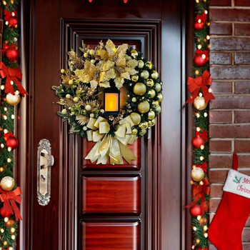 30 см Коледен венец с фенер Гирлянда за входната врата с голяма панделка Сезонен орнамент Коледна украса за стената на входната врата