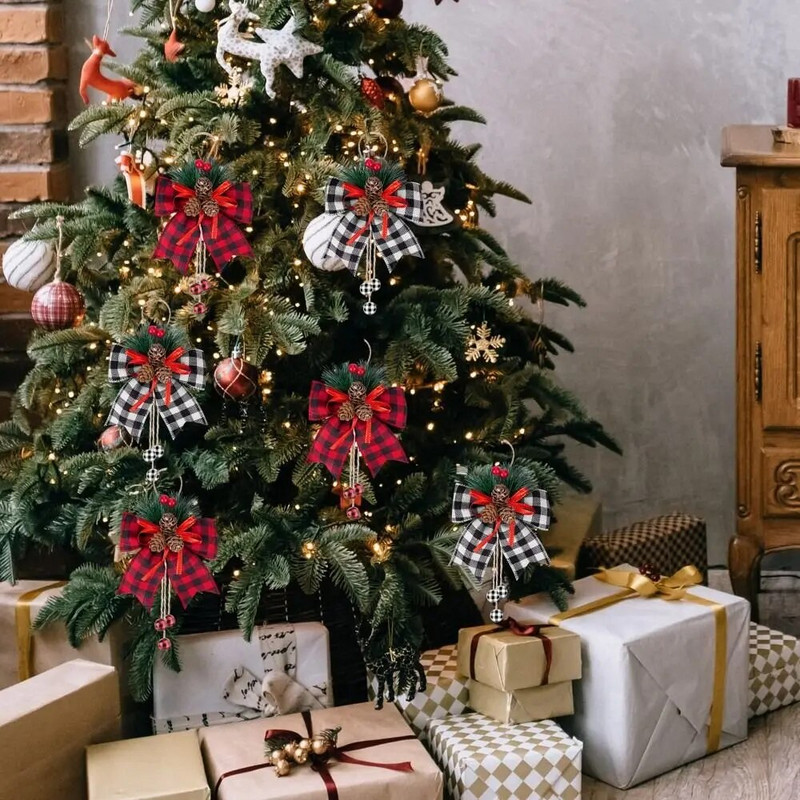 2tk Jõululindiga vibu männikäbid punased must ruudulised sädelevad sädelevad vibu jõulupuukaunistused.