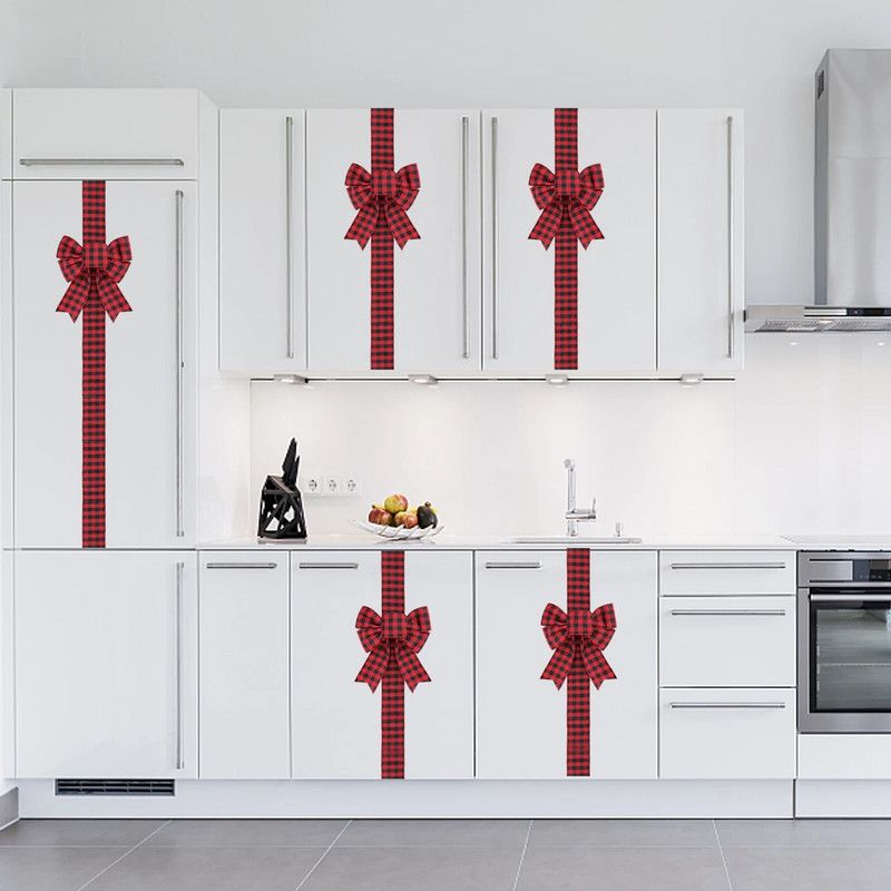 Ziemassvētku skapītis Lentes bantes Koka auklas Roll Ziemassvētku priekšējo durvju dekors rūtaini raksti Eleganti Ziemassvētku bante DIY ballītes dekori