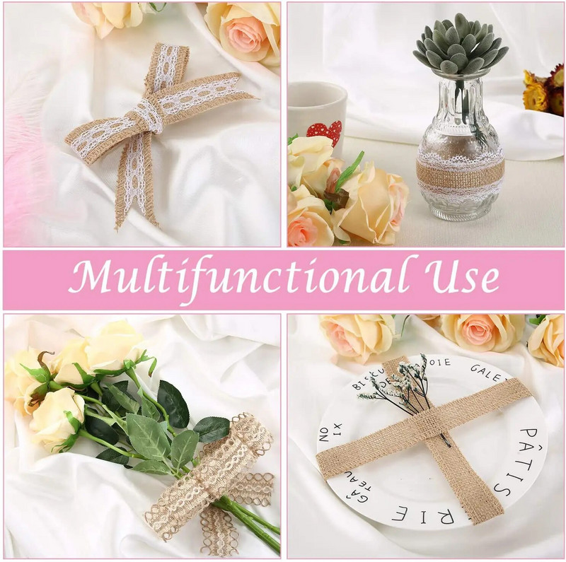 25 mm, 2 m/iepakojumā dabīgas džutas audekla lente ar mežģīnēm, kāzu lente dekorācijas piederumi, festivāla piederumi ballīšu amatniecībai