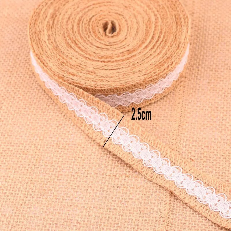 25 mm, 2 m/iepakojumā dabīgas džutas audekla lente ar mežģīnēm, kāzu lente dekorācijas piederumi, festivāla piederumi ballīšu amatniecībai