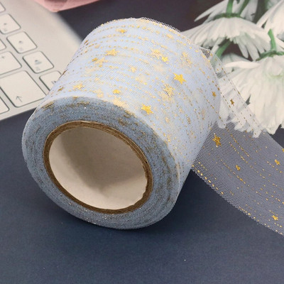 6 cm 25 jardi zvaigžņots tilla zelta zvaigznes punktiņu sietveida lentes lente, kas paredzēta ar rokām darinātiem rokdarbiem matu vītnes cepšanai, kūkas virskārtas princeses ornamentam