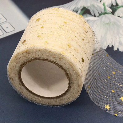 6 cm 25 jardi zvaigžņots tilla zelta zvaigznes punktiņu sietveida lentes lente, kas paredzēta ar rokām darinātiem rokdarbiem matu vītnes cepšanai, kūkas virskārtas princeses ornamentam