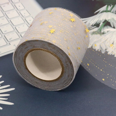 6 cm 25 jardi zvaigžņots tilla zelta zvaigznes punktiņu sietveida lentes lente, kas paredzēta ar rokām darinātiem rokdarbiem matu vītnes cepšanai, kūkas virskārtas princeses ornamentam
