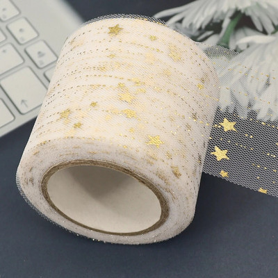 6 cm 25 jardi zvaigžņots tilla zelta zvaigznes punktiņu sietveida lentes lente, kas paredzēta ar rokām darinātiem rokdarbiem matu vītnes cepšanai, kūkas virskārtas princeses ornamentam