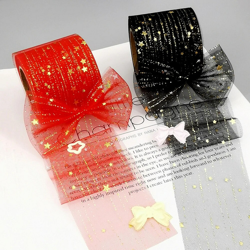 6 cm 25 jardi zvaigžņots tilla zelta zvaigznes punktiņu sietveida lentes lente, kas paredzēta ar rokām darinātiem rokdarbiem matu vītnes cepšanai, kūkas virskārtas princeses ornamentam