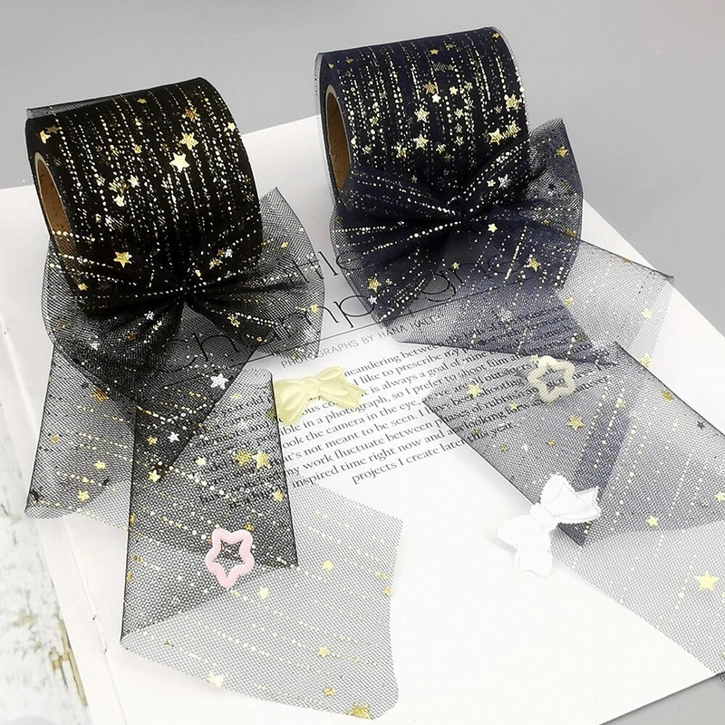 6 cm 25 jardi zvaigžņots tilla zelta zvaigznes punktiņu sietveida lentes lente, kas paredzēta ar rokām darinātiem rokdarbiem matu vītnes cepšanai, kūkas virskārtas princeses ornamentam