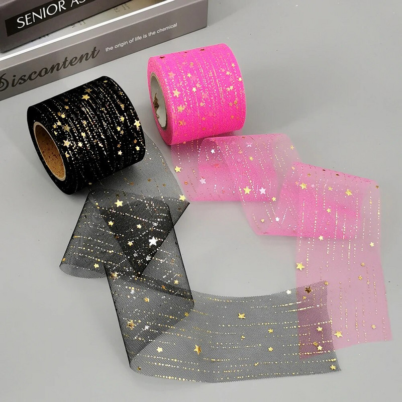 6 cm 25 jardi zvaigžņots tilla zelta zvaigznes punktiņu sietveida lentes lente, kas paredzēta ar rokām darinātiem rokdarbiem matu vītnes cepšanai, kūkas virskārtas princeses ornamentam