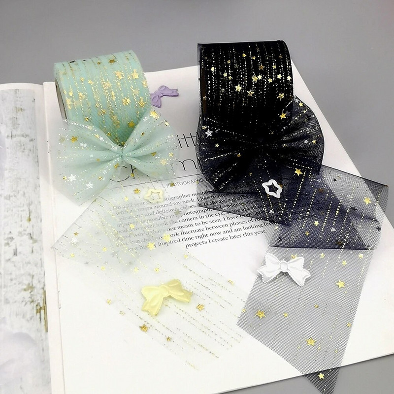 6 cm 25 jardi zvaigžņots tilla zelta zvaigznes punktiņu sietveida lentes lente, kas paredzēta ar rokām darinātiem rokdarbiem matu vītnes cepšanai, kūkas virskārtas princeses ornamentam