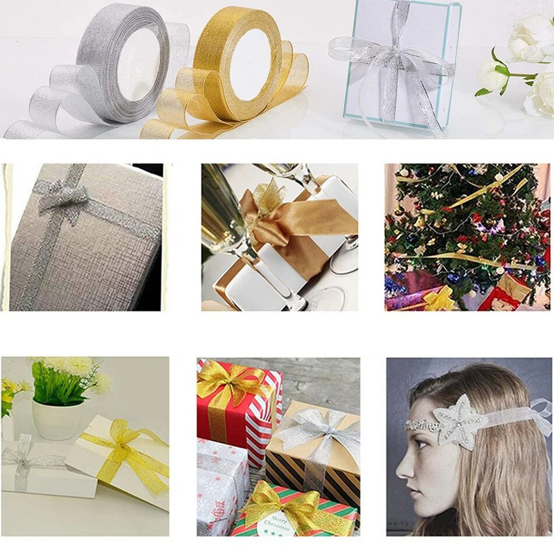 25 Yards/Rolă Ambalare pentru cadou de nuntă Panglici din satin Fundă pentru meșteșuguri DIY Ceapă de aur Panglici cu sclipici din organza Decorație de Crăciun acasă