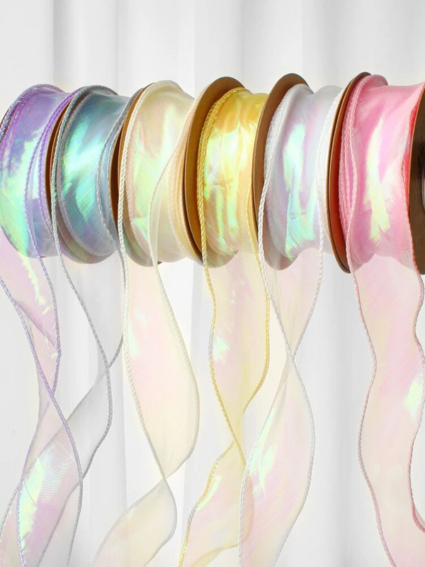 Ιριδίζουσες κορδέλες δώρου από νήματα ψαροουράς για λουλούδια Μπουκέτο Συσκευασία Οργάντζα Ενσύρματη κορδέλα για Διακοσμήσεις γάμου για την ημέρα του Αγίου Βαλεντίνου