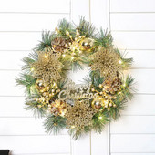 Διακοσμήσεις σπιτιού Χριστουγέννων και Ευχαριστιών 30 εκατοστών προσομοιωμένες πευκοβελόνες, κουκουνάρια και στρογγυλή μπάλα LED ελαφριά στεφάνια-81010R12